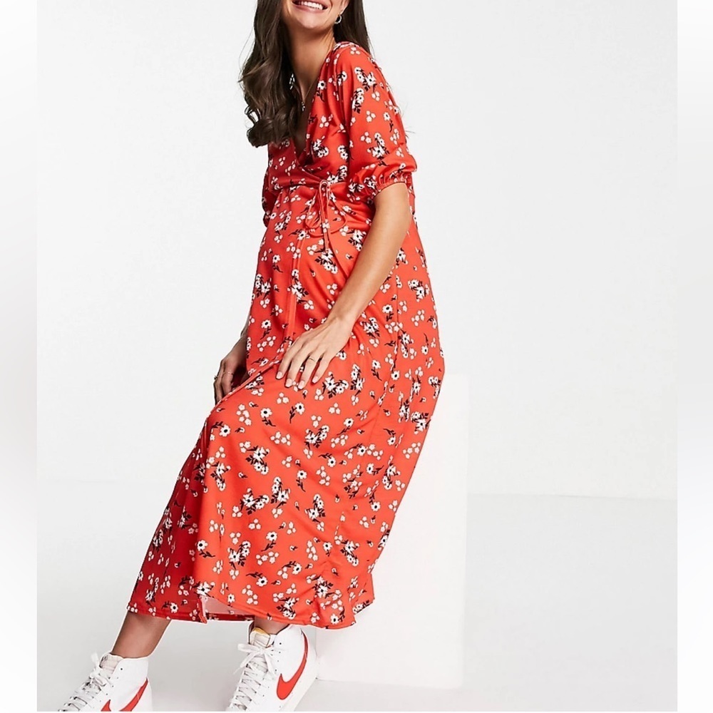 Asos  Maternity Wrap Front Midi Dress Red Floral Size 8 Made in UK